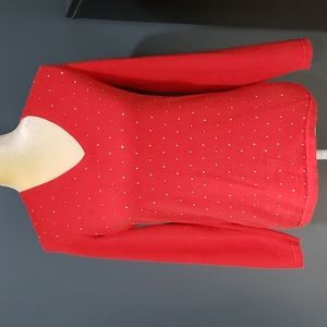 Tommy Hilfiger Light Sweater Size Medium Red Long Sleeve V Neck with Gold Studs